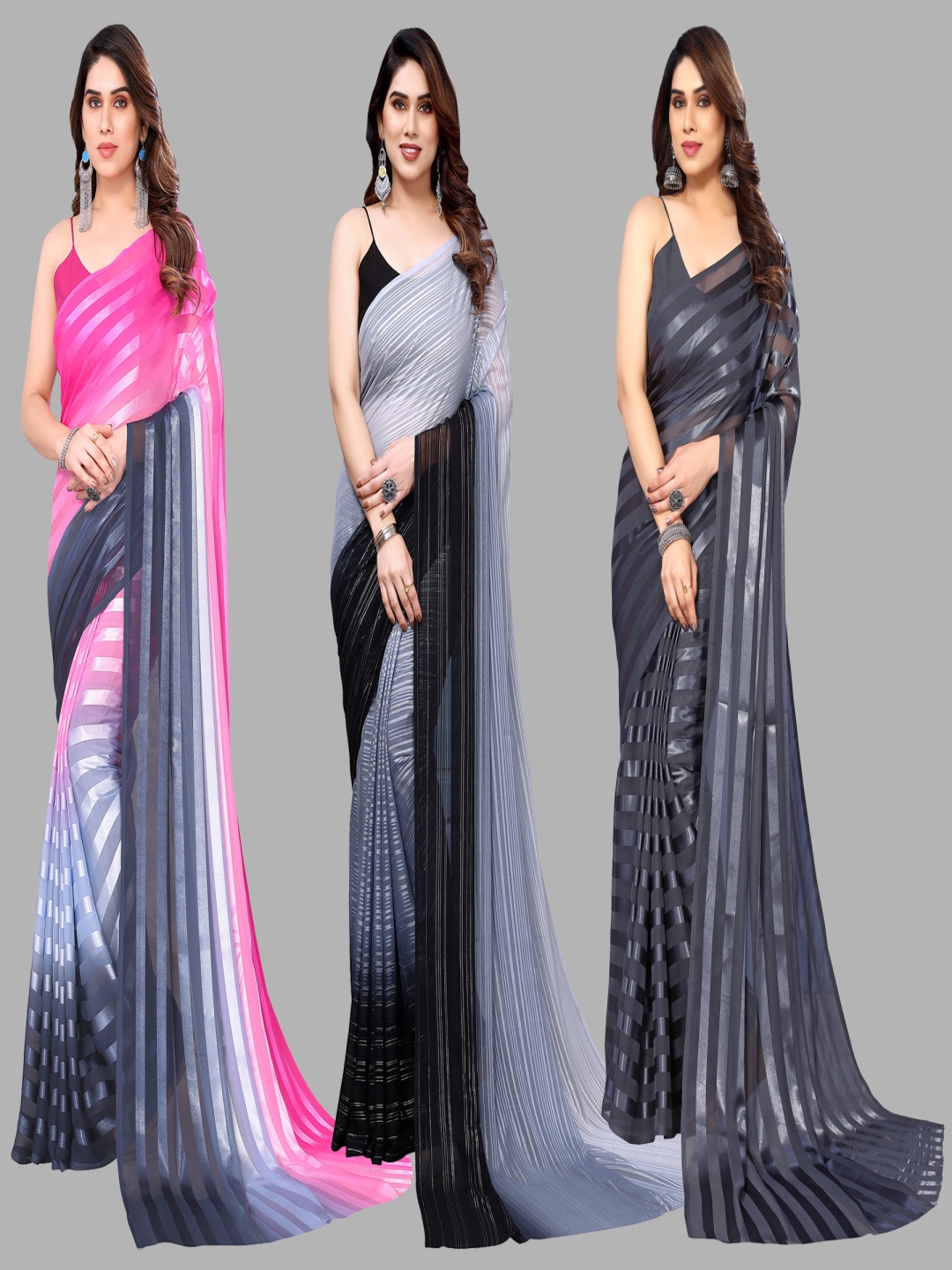 

ANAND SAREES Striped Satin Saree, Black