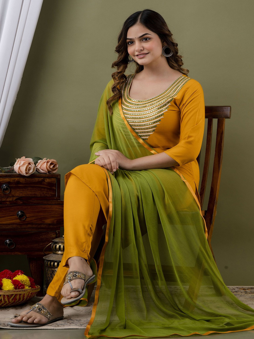 

Lookmark Mirror Work Round Neck Straight Kurta With Trouser And Dupatta, Yellow