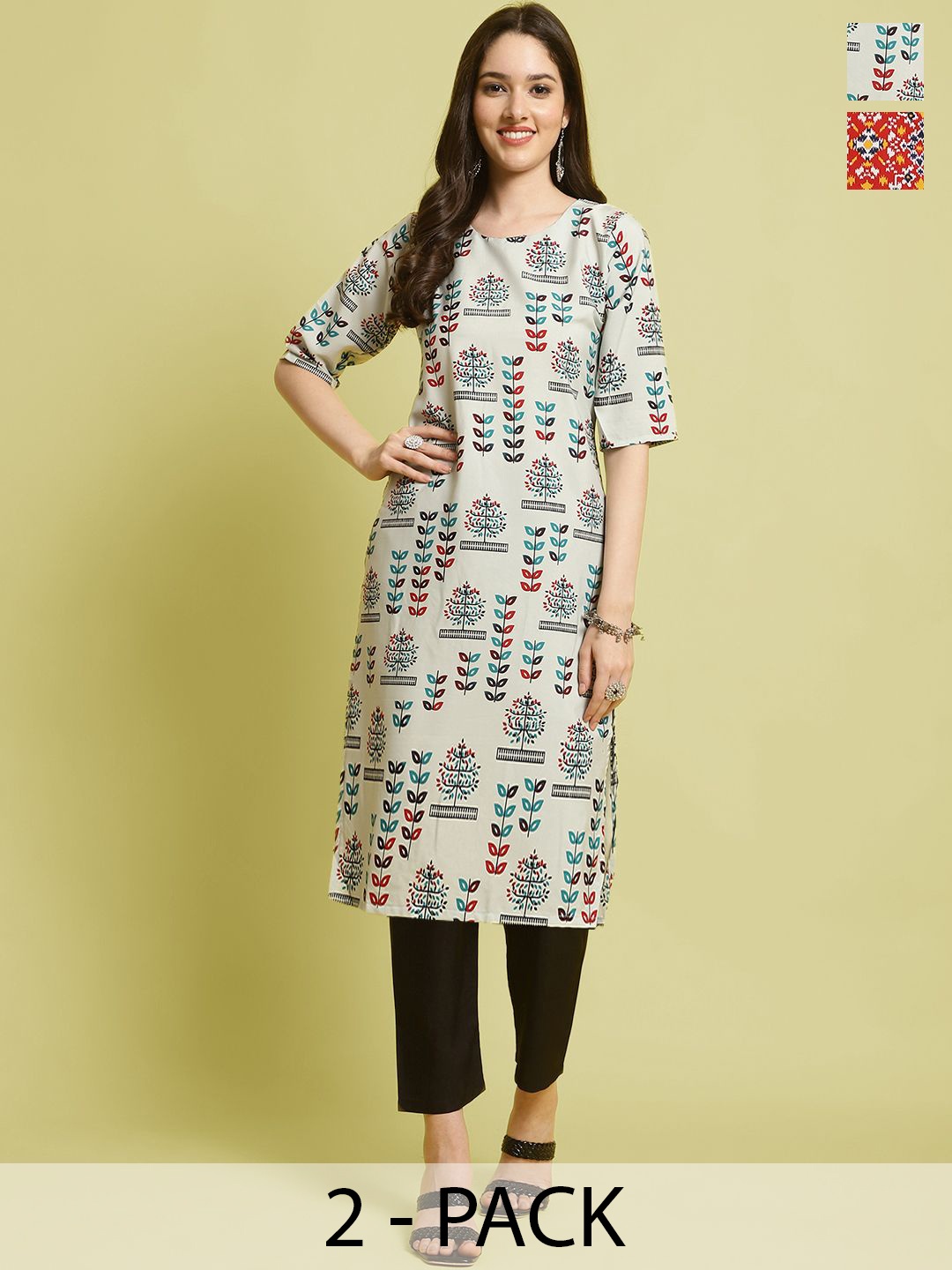 

7Threads Selection Of 2 Ethnic Motifs Printed Round Neck Straight Kurta With Trousers, Beige