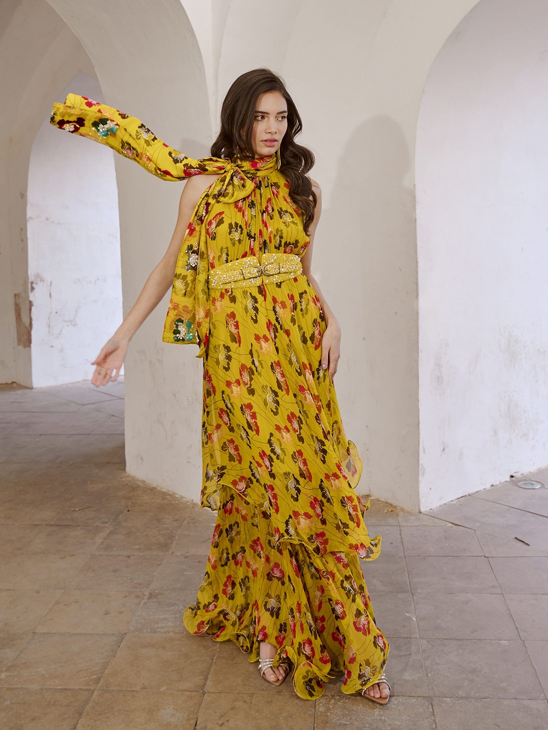 

Pallavi Jaipur Printed Halter Neck Tunic With Palazzo & Belt, Lime green
