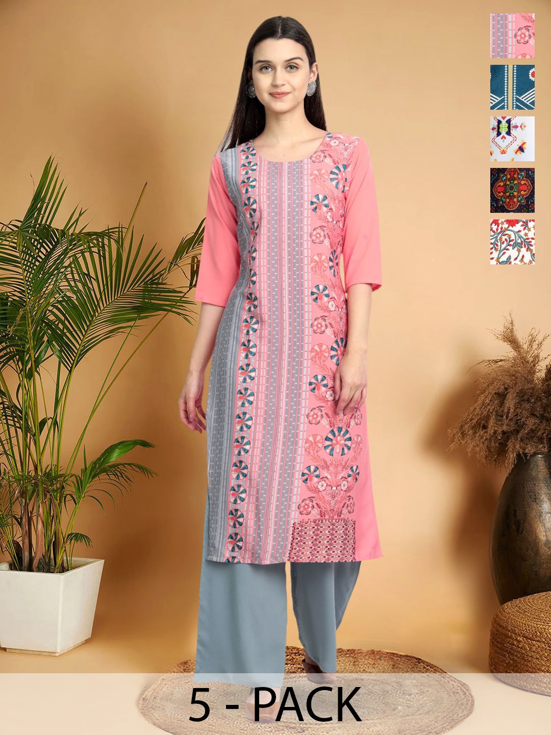 

7Threads Selection Of 5 Geometric Printed Round Neck Straight Kurtas, Pink