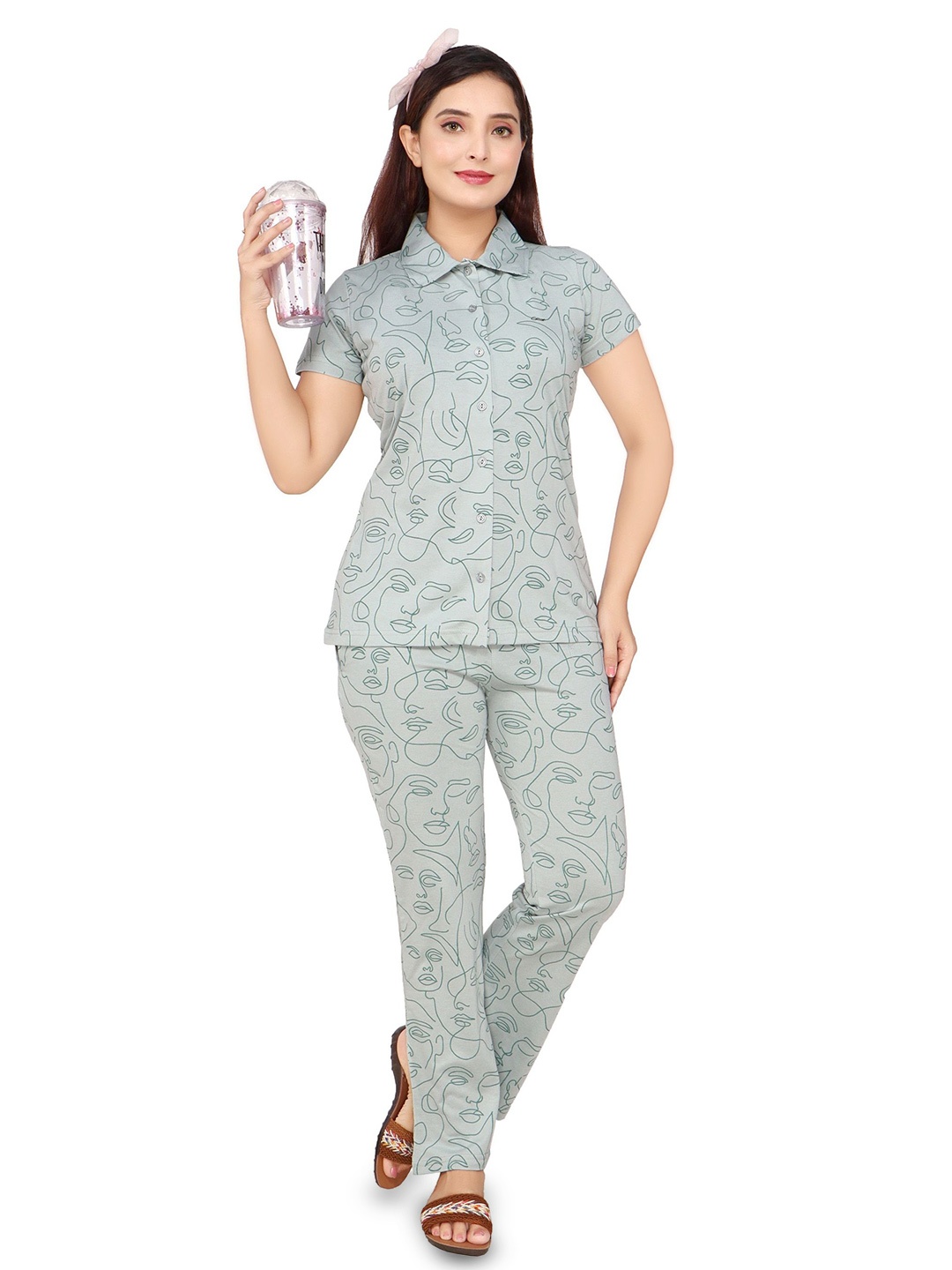 

CLINT Abstract Printed Short Sleeves Shirt With Pyjama, Grey