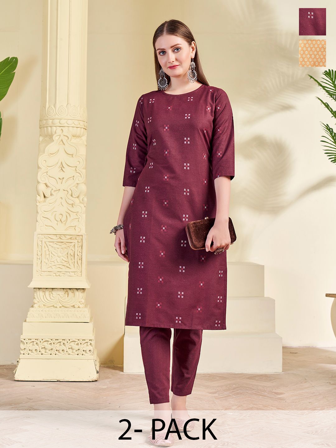 

KALINI Selection of 2 Geometric Round Neck Straight Kurta with Trousers, Maroon