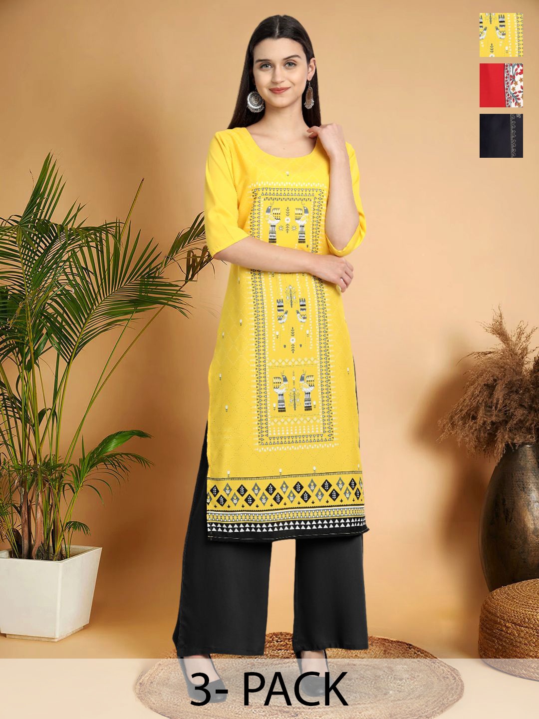 

7Threads Selection Of 3 Ethnic Motifs Printed Round Neck Straight Kurtas, Yellow