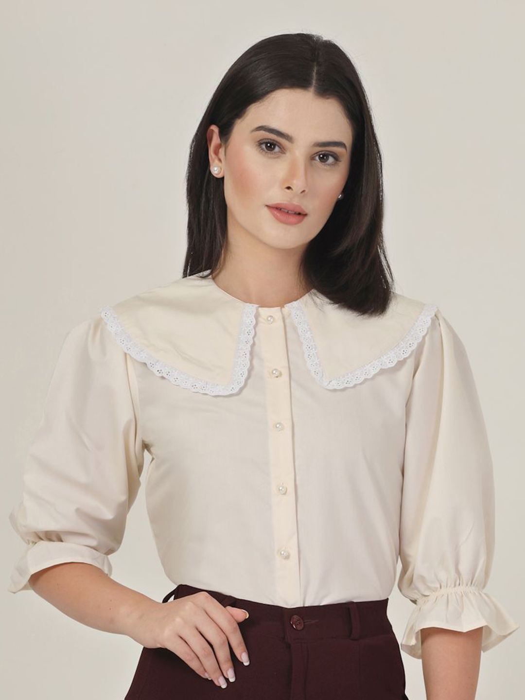 

Style Quotient Peter Pan Collar Puff Sleeve Shirt Style Top, Beige