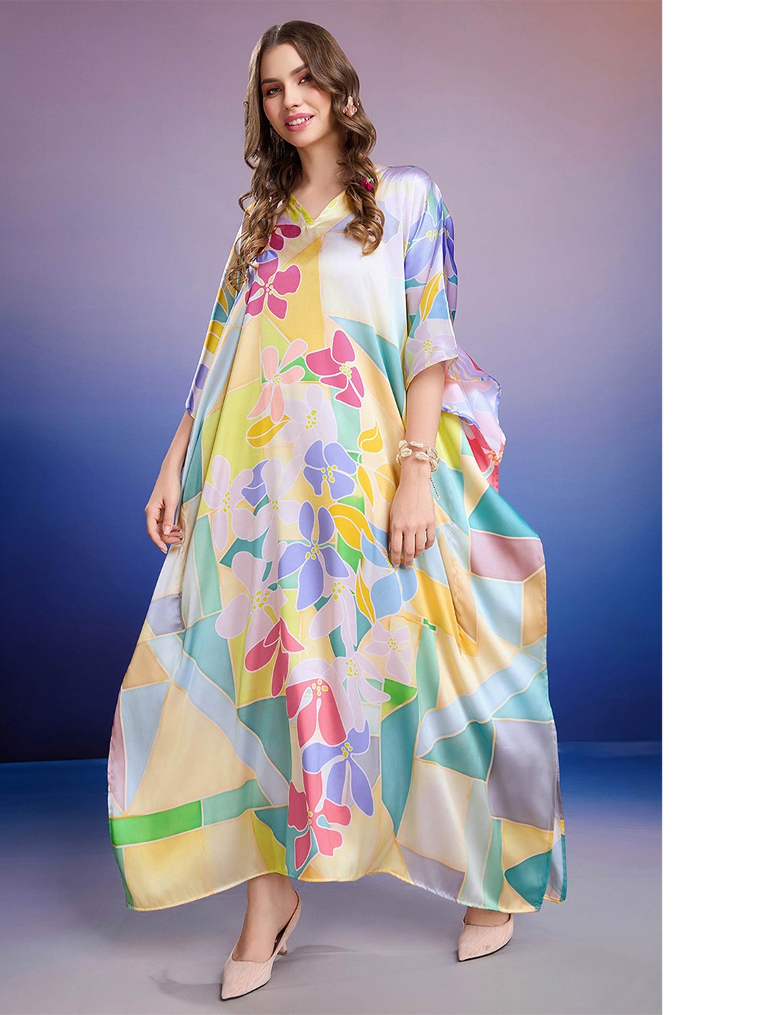 

LABEL AARNA Lemon Blossom Soft Satin Kaftan with Digital Print, Yellow