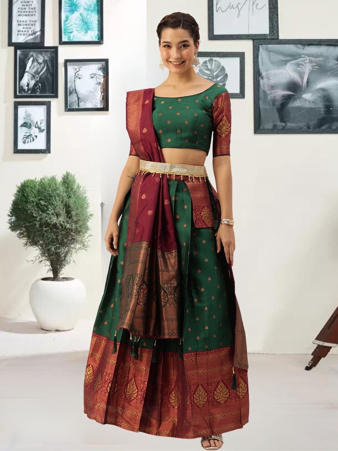 

MAGMINA Woven Design Zari Semi-Stitched Lehenga & Unstitched Blouse With Dupatta & Belt, Green