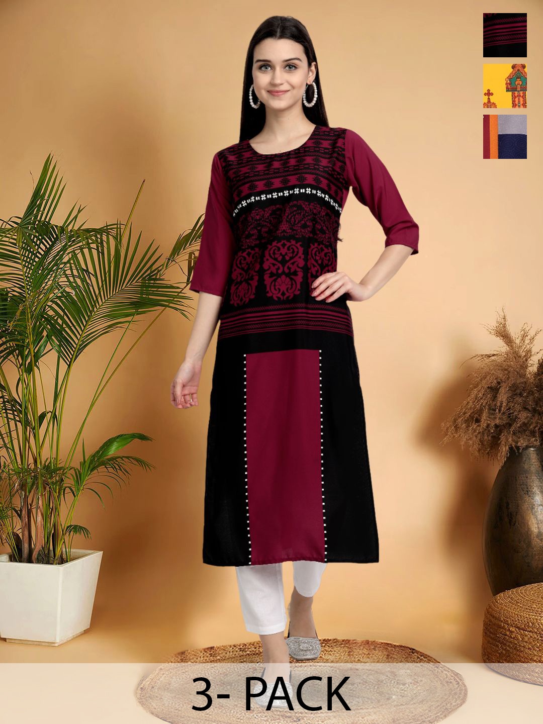 

7Threads Selection Of 3 Ethnic Motifs Printed Straight Kurtas, Maroon