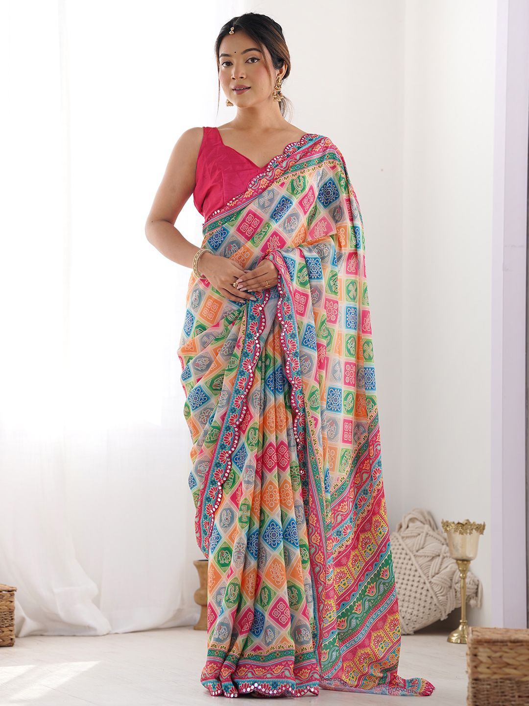 

Panzora Ethnic Motifs Mirror Work Poly Chiffon Saree, Pink