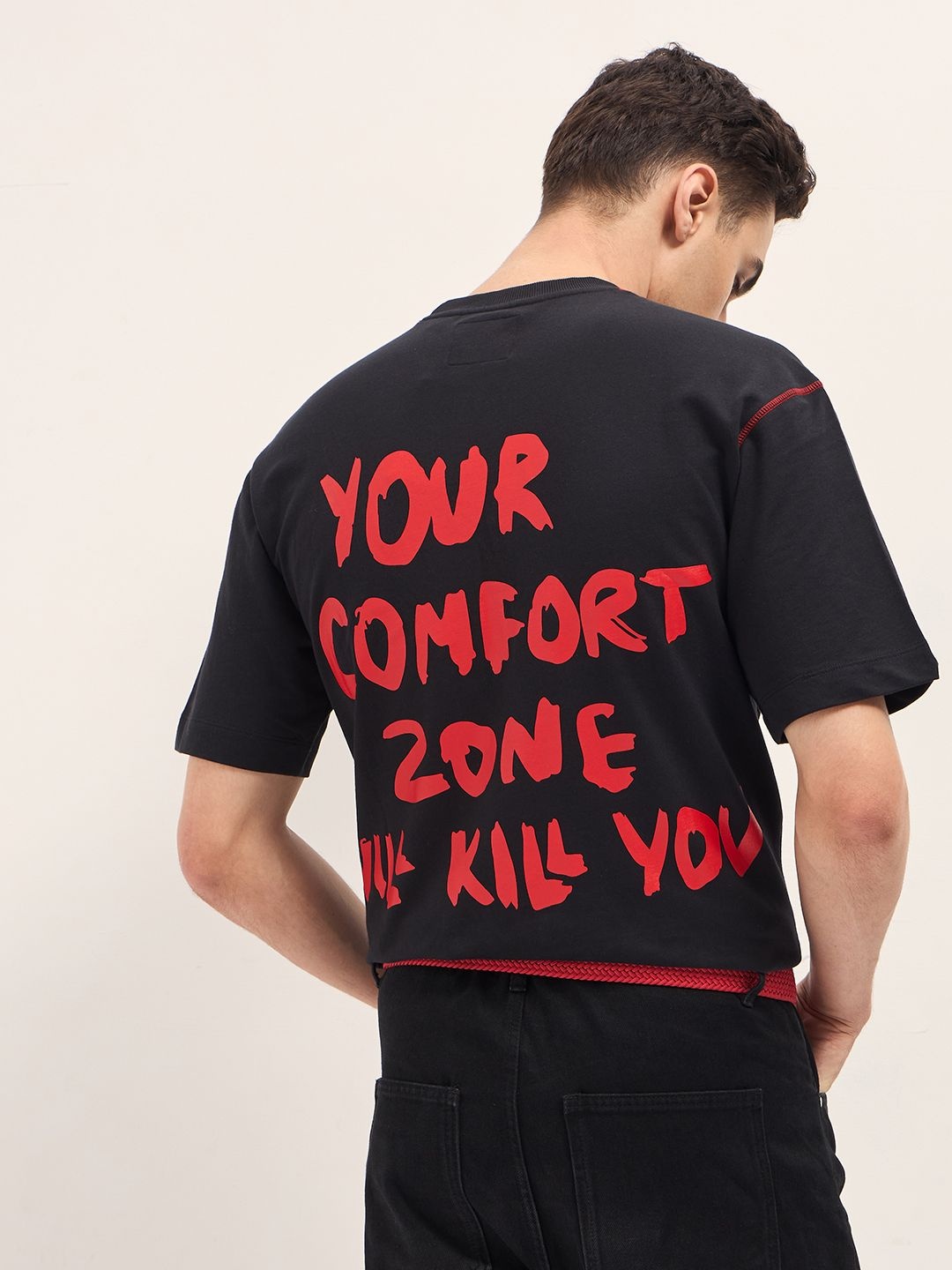 

THE BEAR HOUSE Men Typography Printed Round Neck Cotton Oversized T-shirt, Black