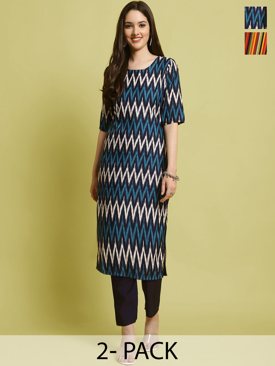 

7Threads Selection Of 2 Chevron Printed Round Neck Straight Kurta With Trousers, Blue