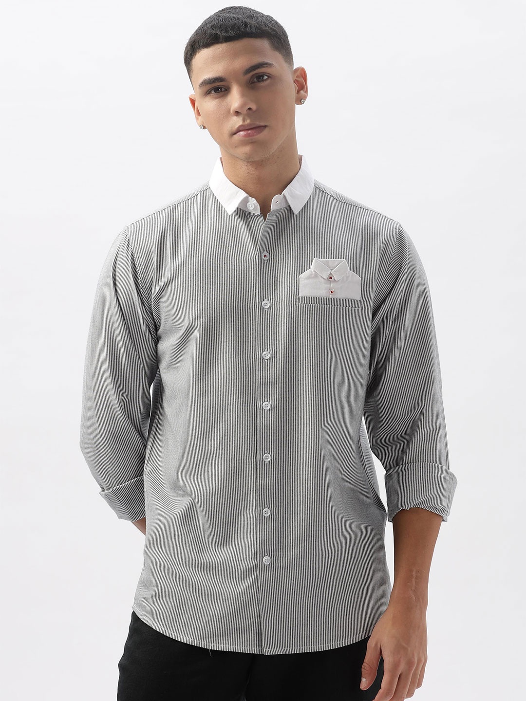 

HAMPTONS Men Standard Spread Collar Pinstripes Striped Cotton Casual Shirt, Grey