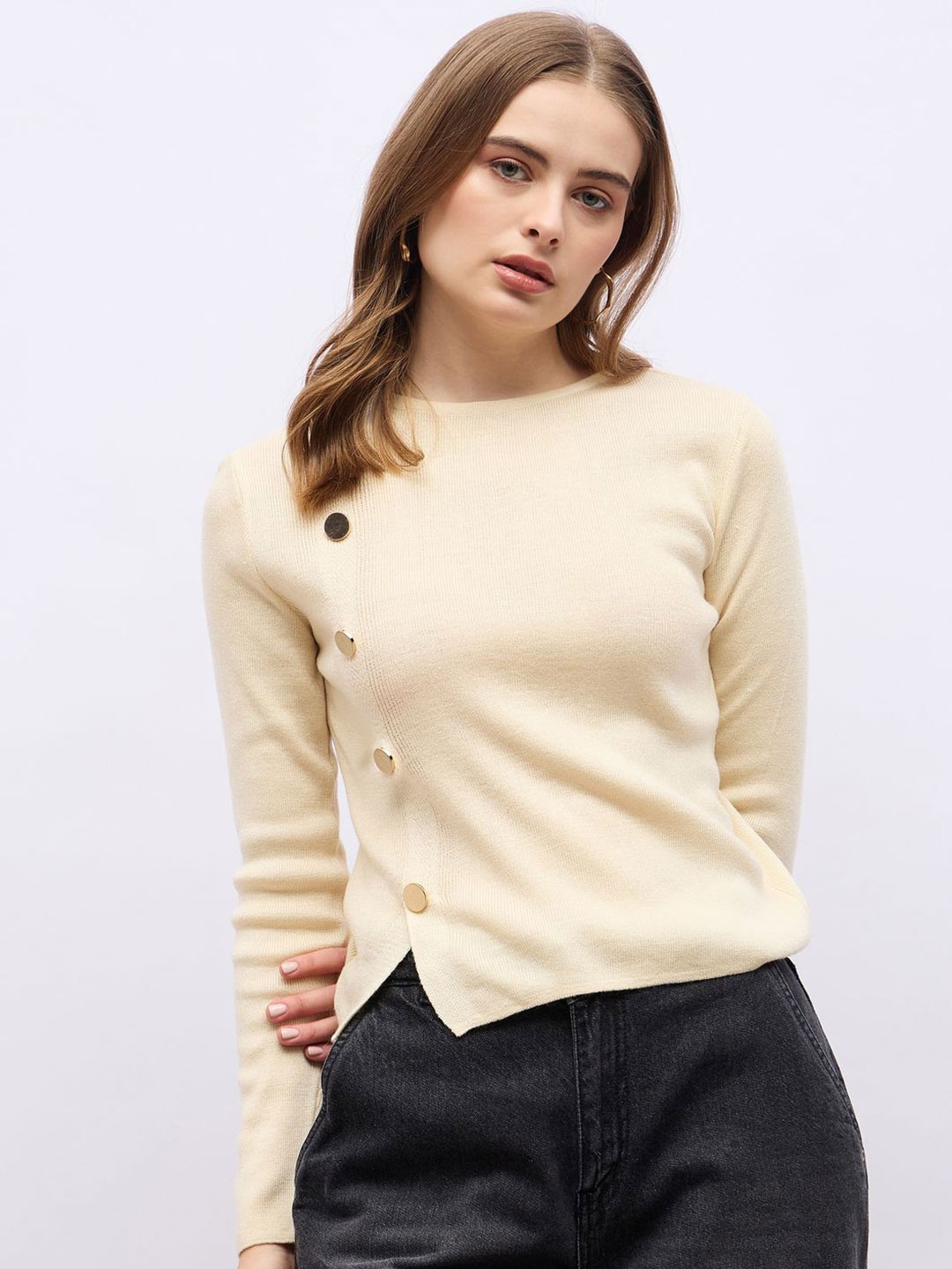 

Styli Women Round Neck Fitted Sweater With Golden Button, Off white