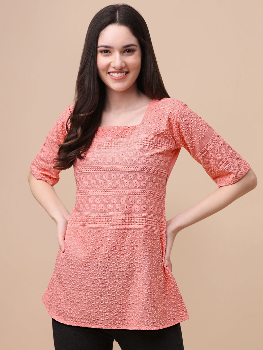 

RIEKA Embroidered Ethnic Top, Peach