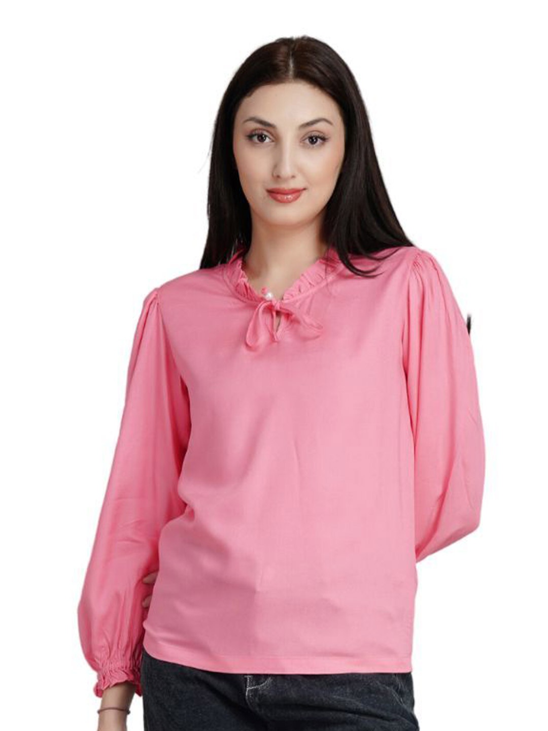 

Kiarabel Retail Tie-Up Neck Bishop Sleeves Liva Top, Pink
