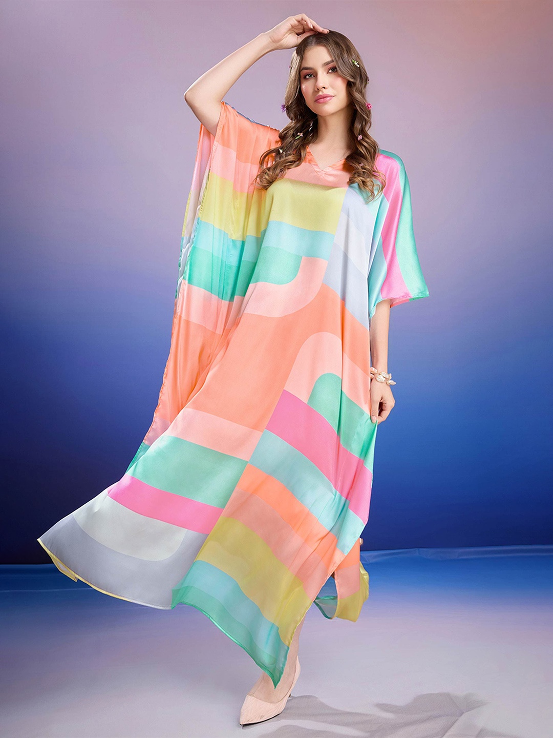 

LABEL AARNA Women Colorblock Soft Satin Kaftan with Digital Print, Green
