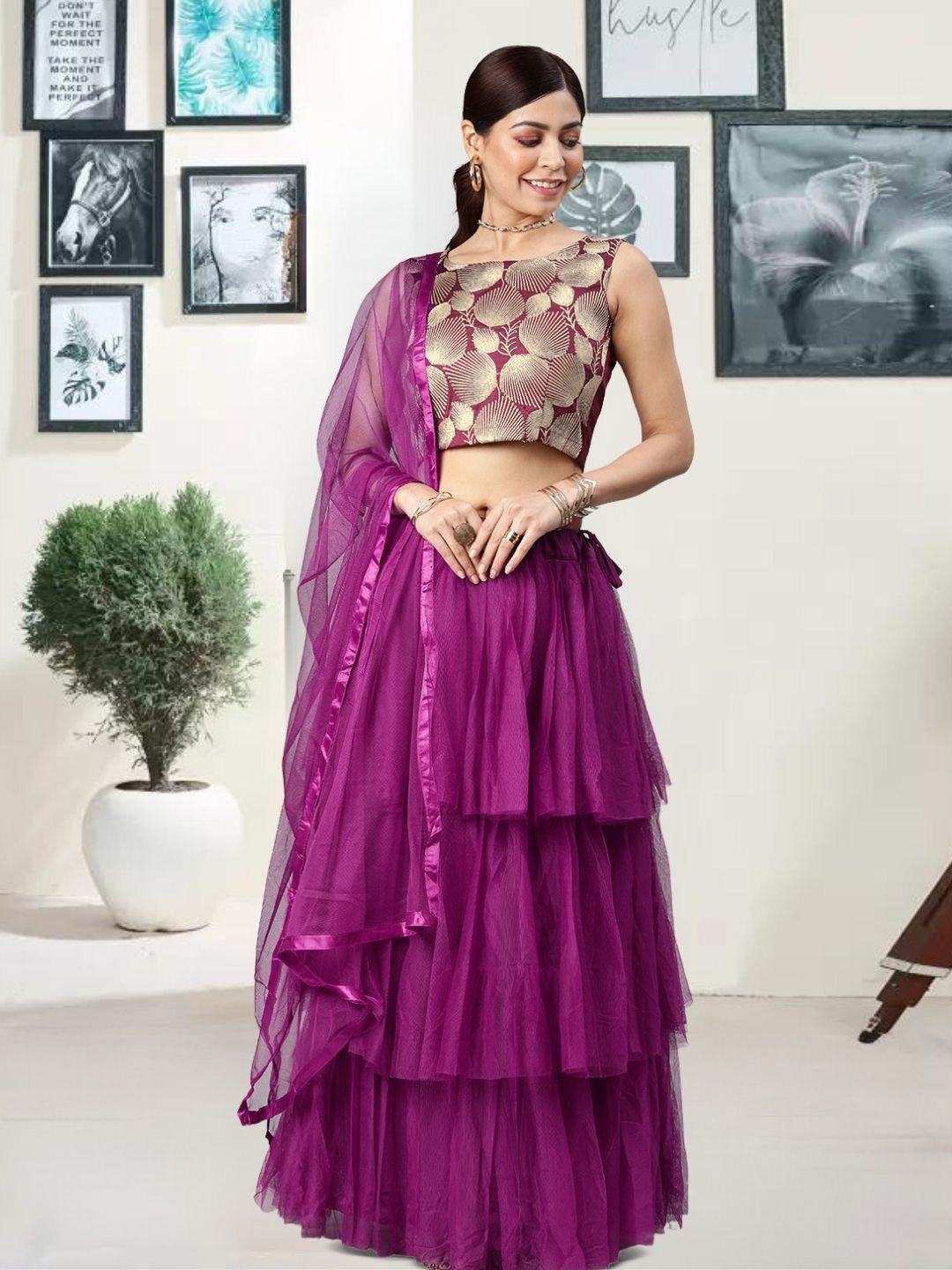 

MAGMINA Woven Design Net Semi-Stitched Lehenga & Unstitched Blouse With Dupatta, Purple