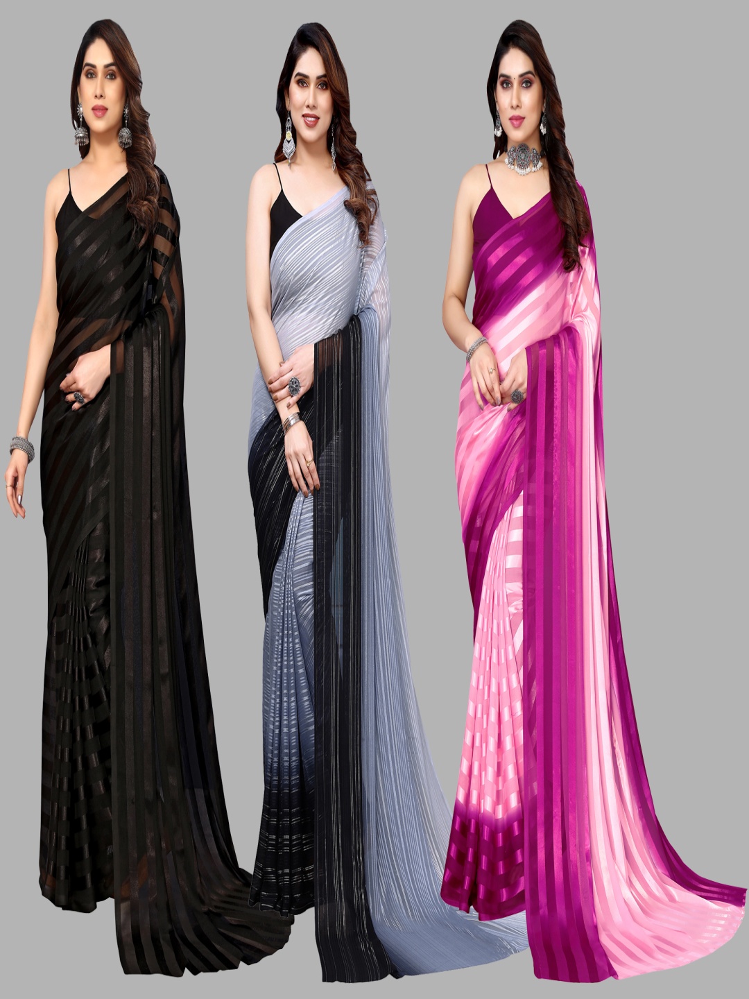 

ANAND SAREES Striped Satin Saree, Black