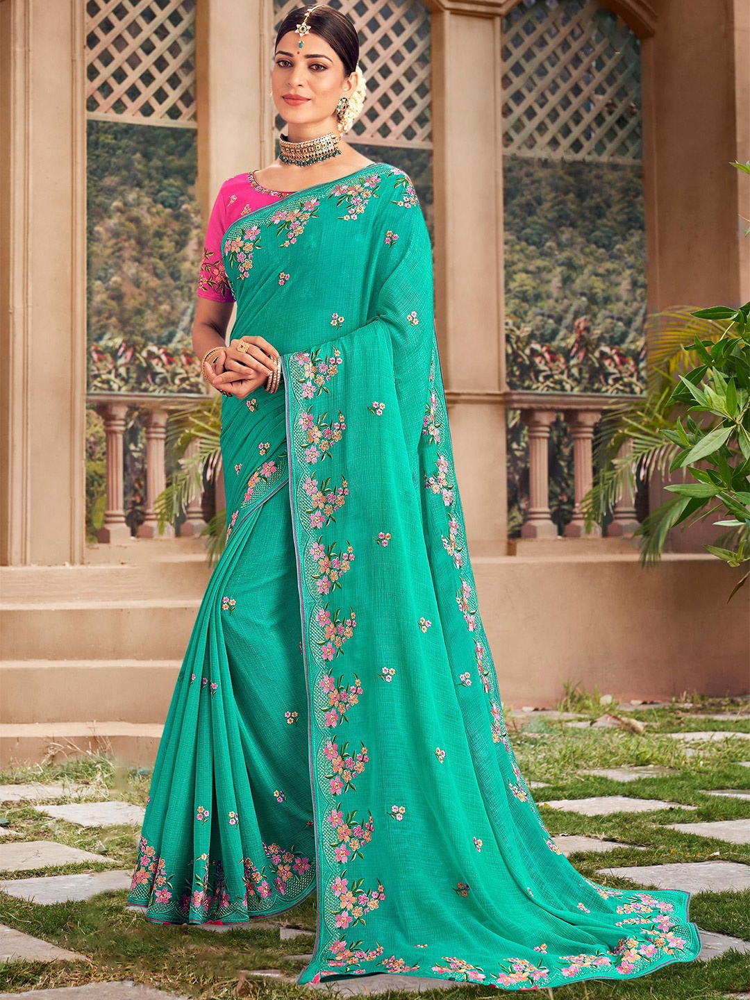 

Laxmipati Floral Beads and Stones Poly Chiffon Saree, Green