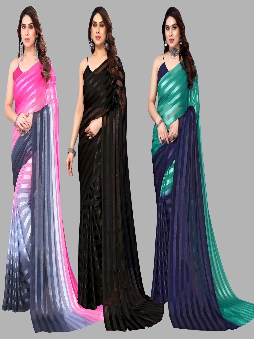 

ANAND SAREES Striped Satin Saree, Pink