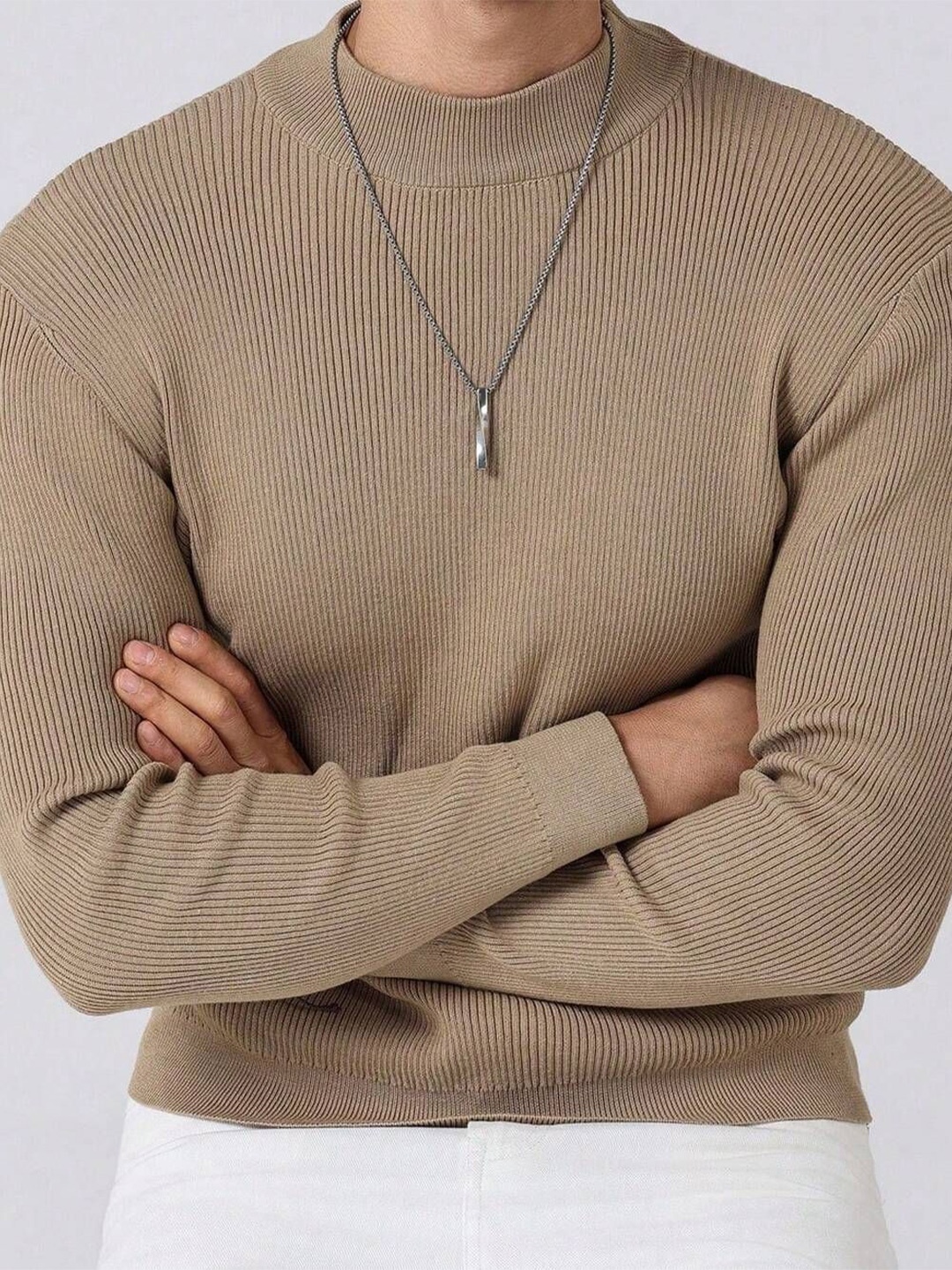 

Genzy Men Ribbed Pullover, Camel brown