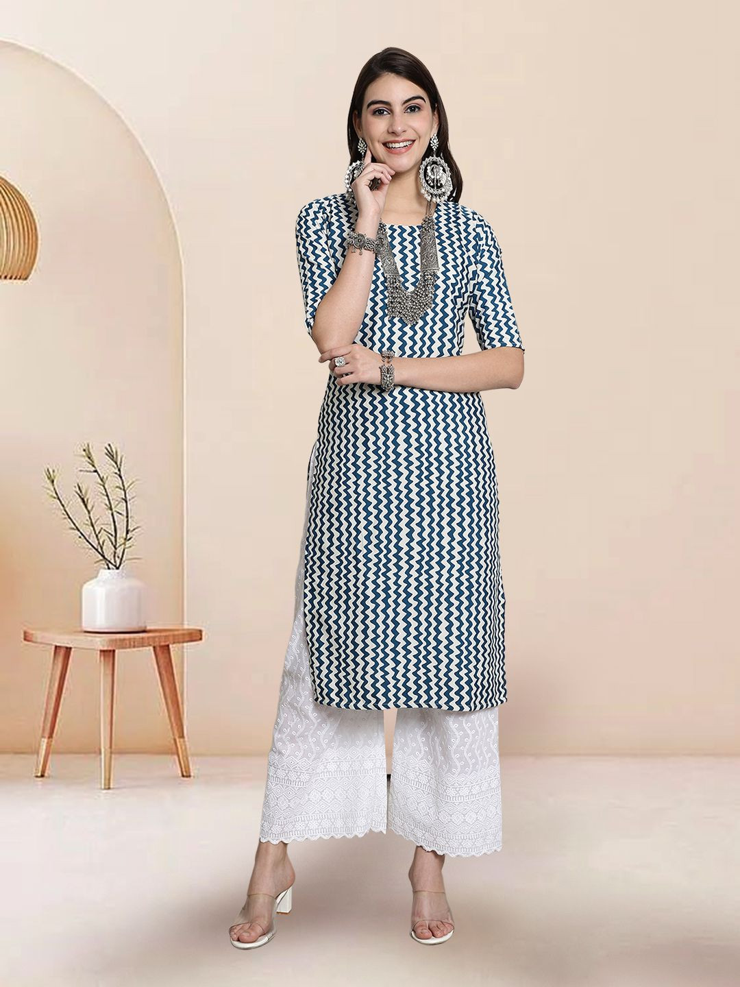 

7Threads Selection Of 6 Chevron Printed Round Neck Kurtas, Blue