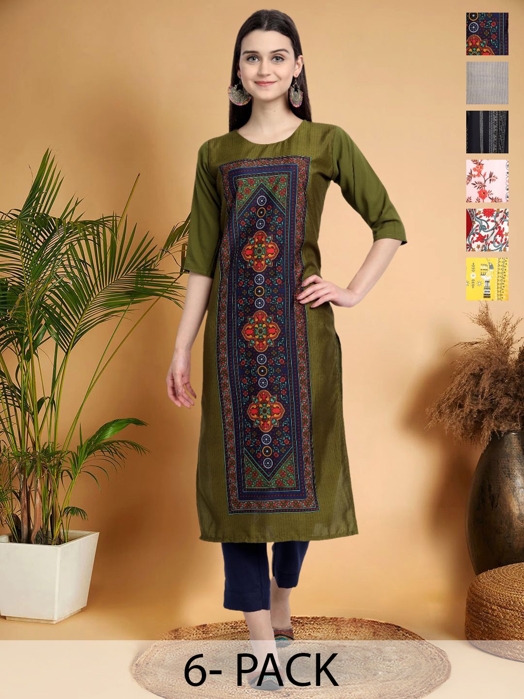 

7ThreadsSelection Of 6 Ethnic Motifs Printed Round Neck Kurtas, Green