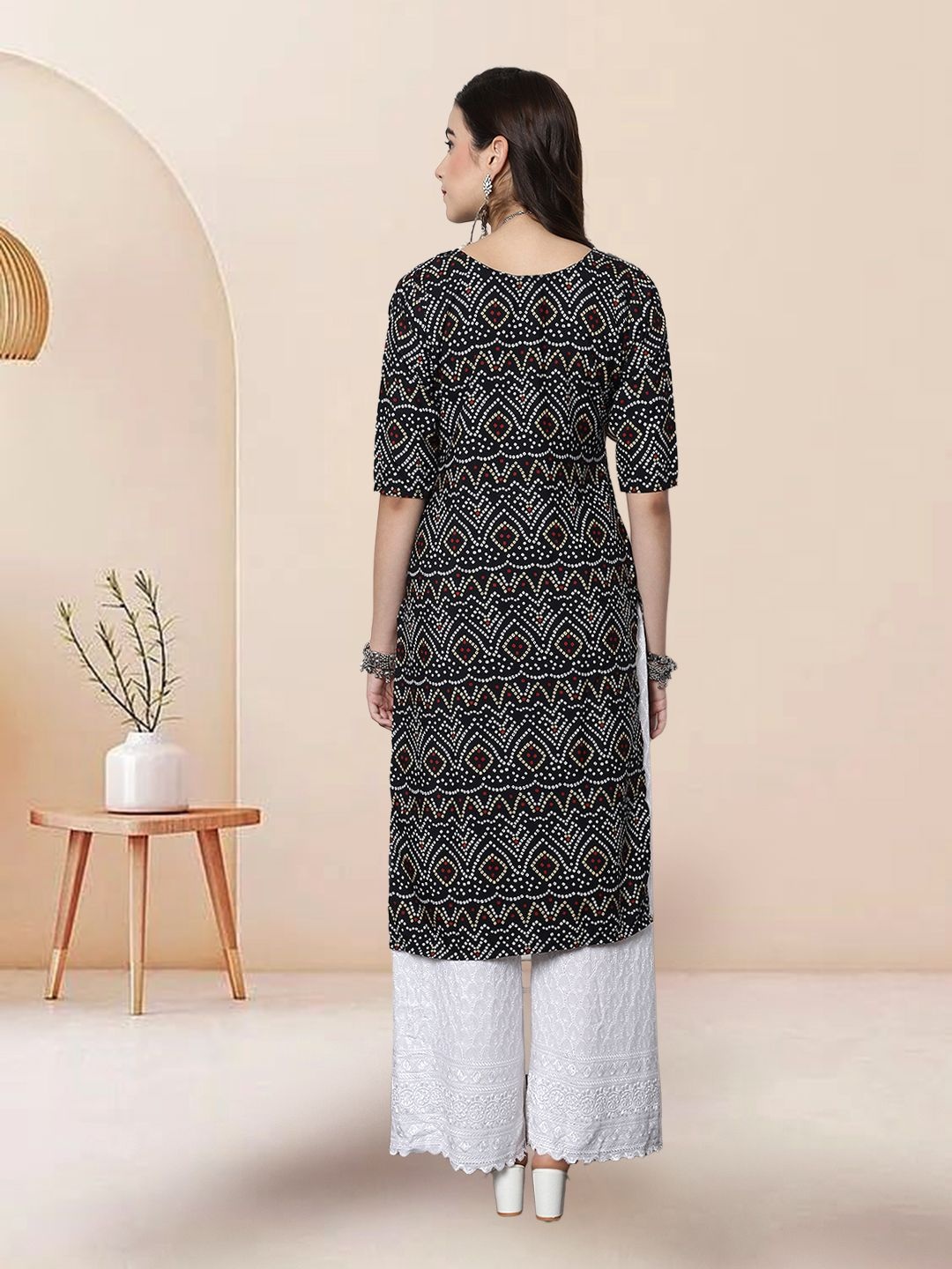 

7Threads Selection of 5 Bandhani Printed Round Neck Straight Kurtas, Black