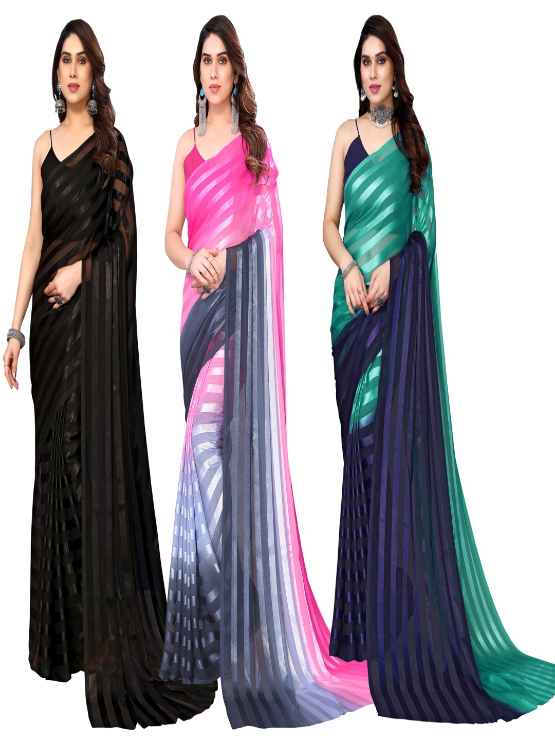 

ANAND SAREES Striped Satin Saree, Black