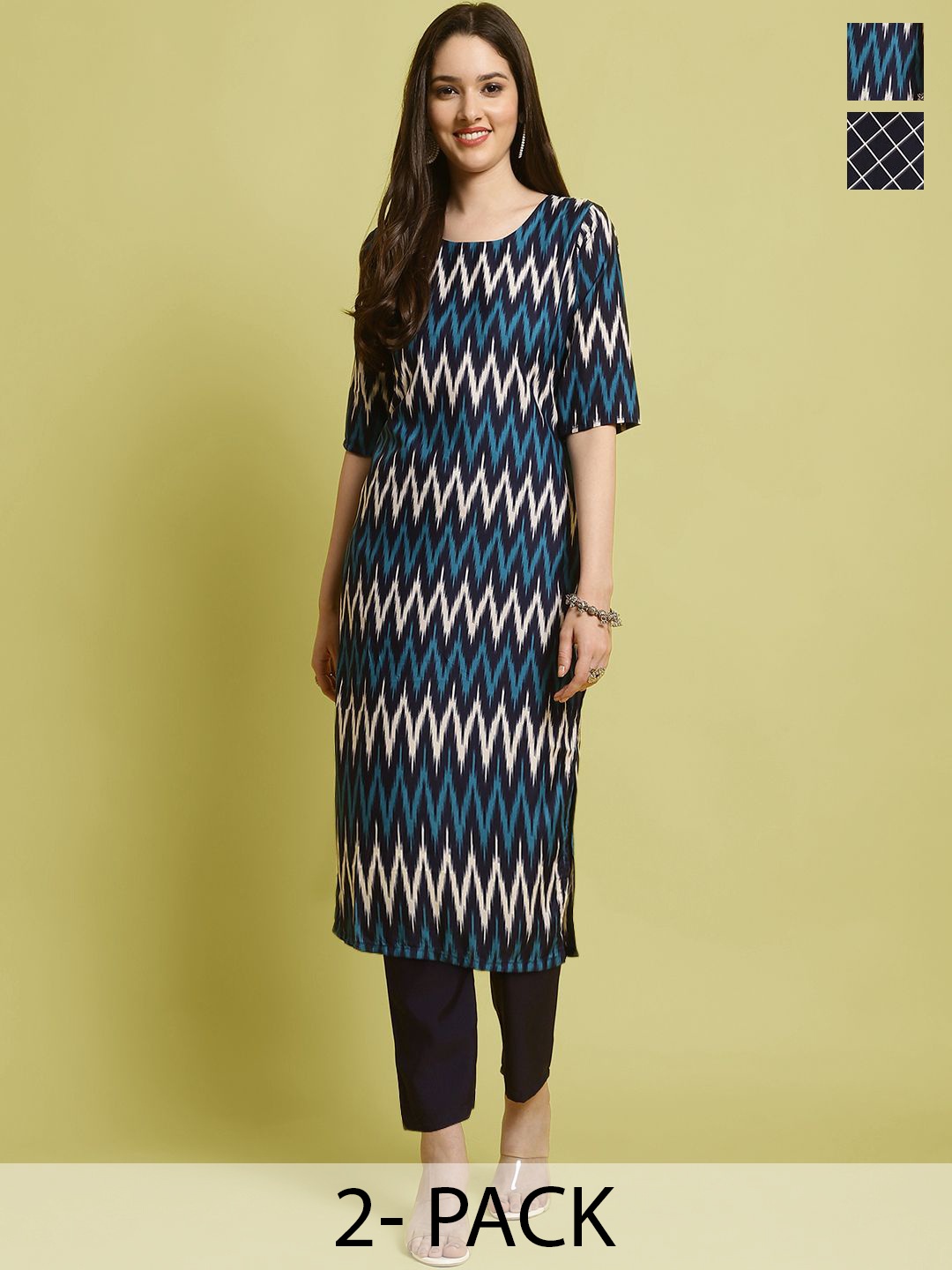 

7Threads Selection Of 2 Chevron Printed Round Neck Straight Kurta With Trousers, Black