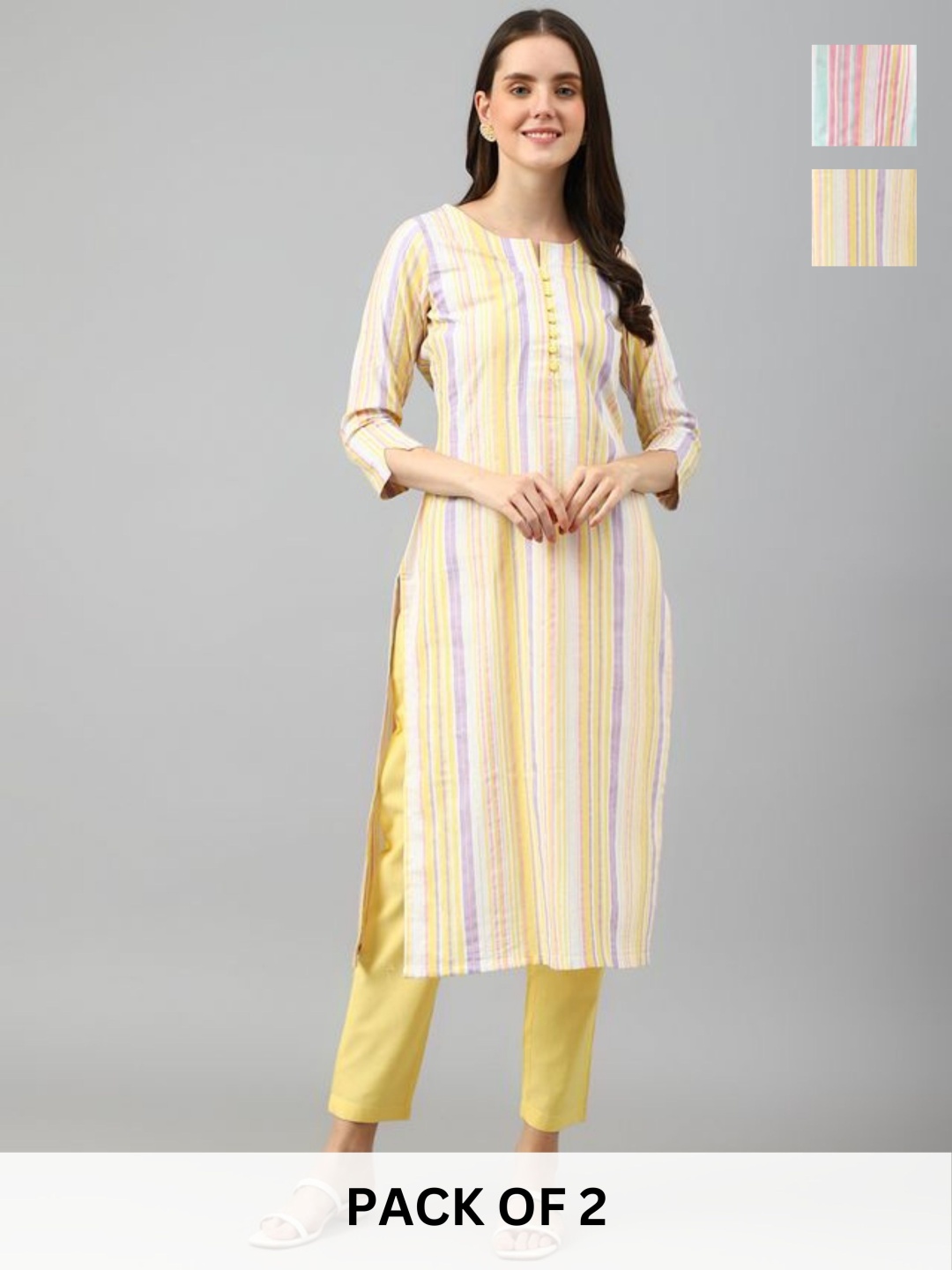 

KALINI Selection Of 2 Striped Notch Neck Straight Kurta WithTrousers, Yellow