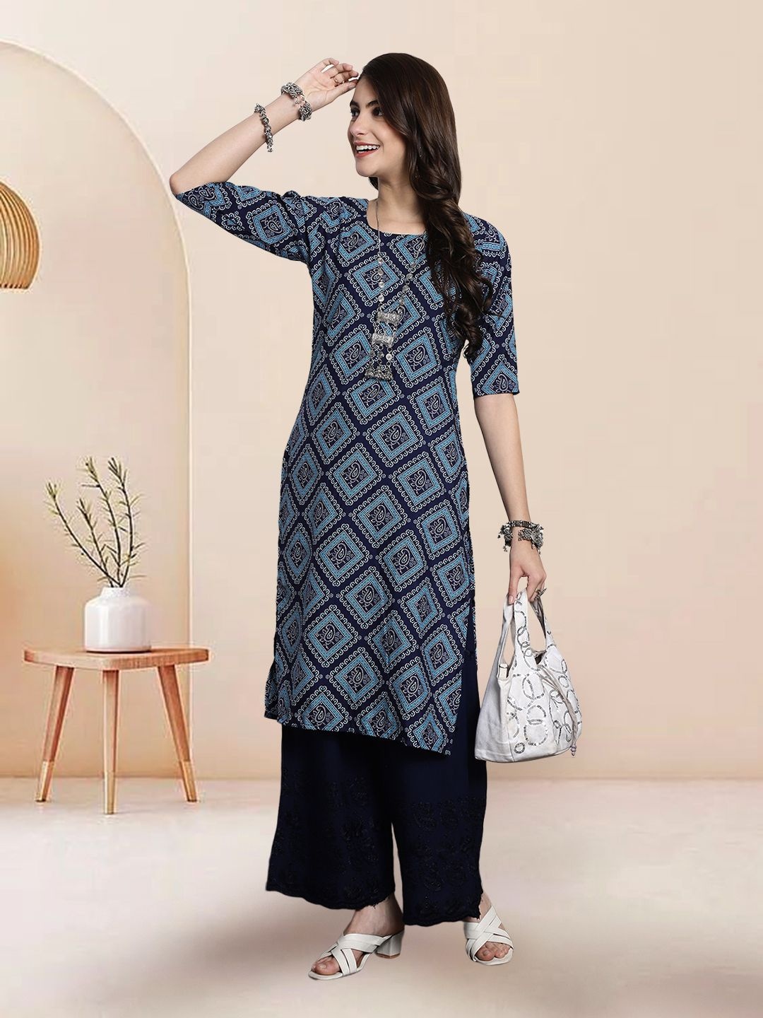 

7Threads Selection Of 3 Ethnic Motifs Printed Round Neck Straight Kurtas, Navy blue