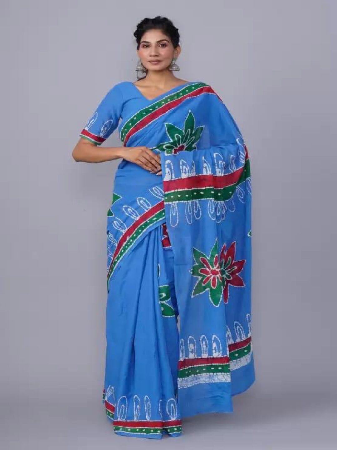 

TROPWEAR Ethnic Motifs Linen Blend Block Print Saree, Blue