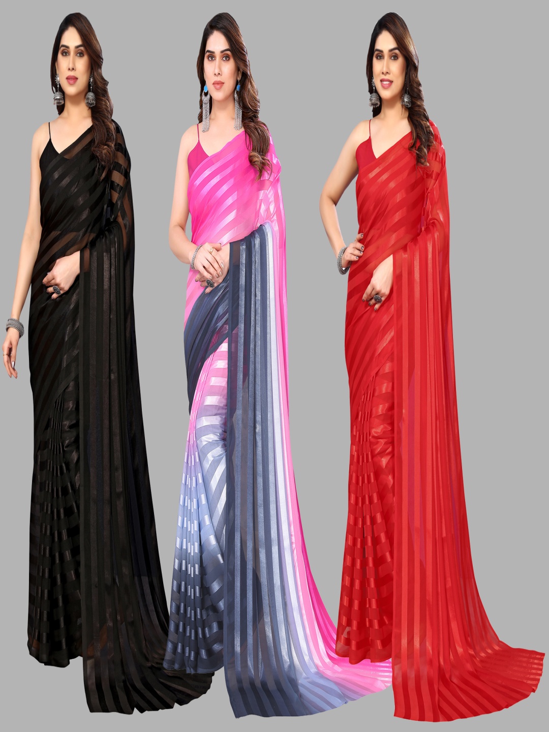 

ANAND SAREES Striped Satin Saree, Red