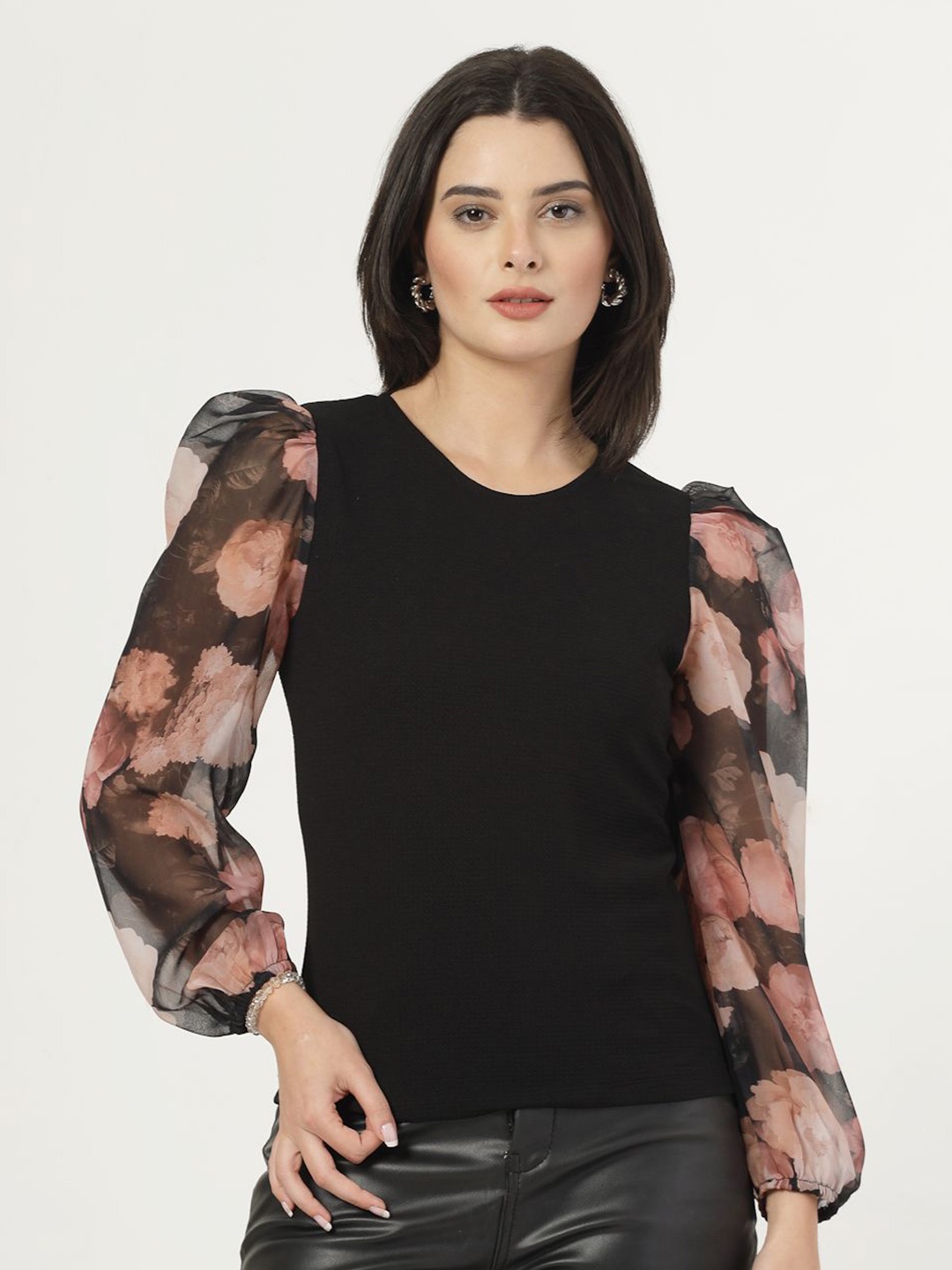 

Style Quotient Floral Print Bishop Sleeves Top, Black