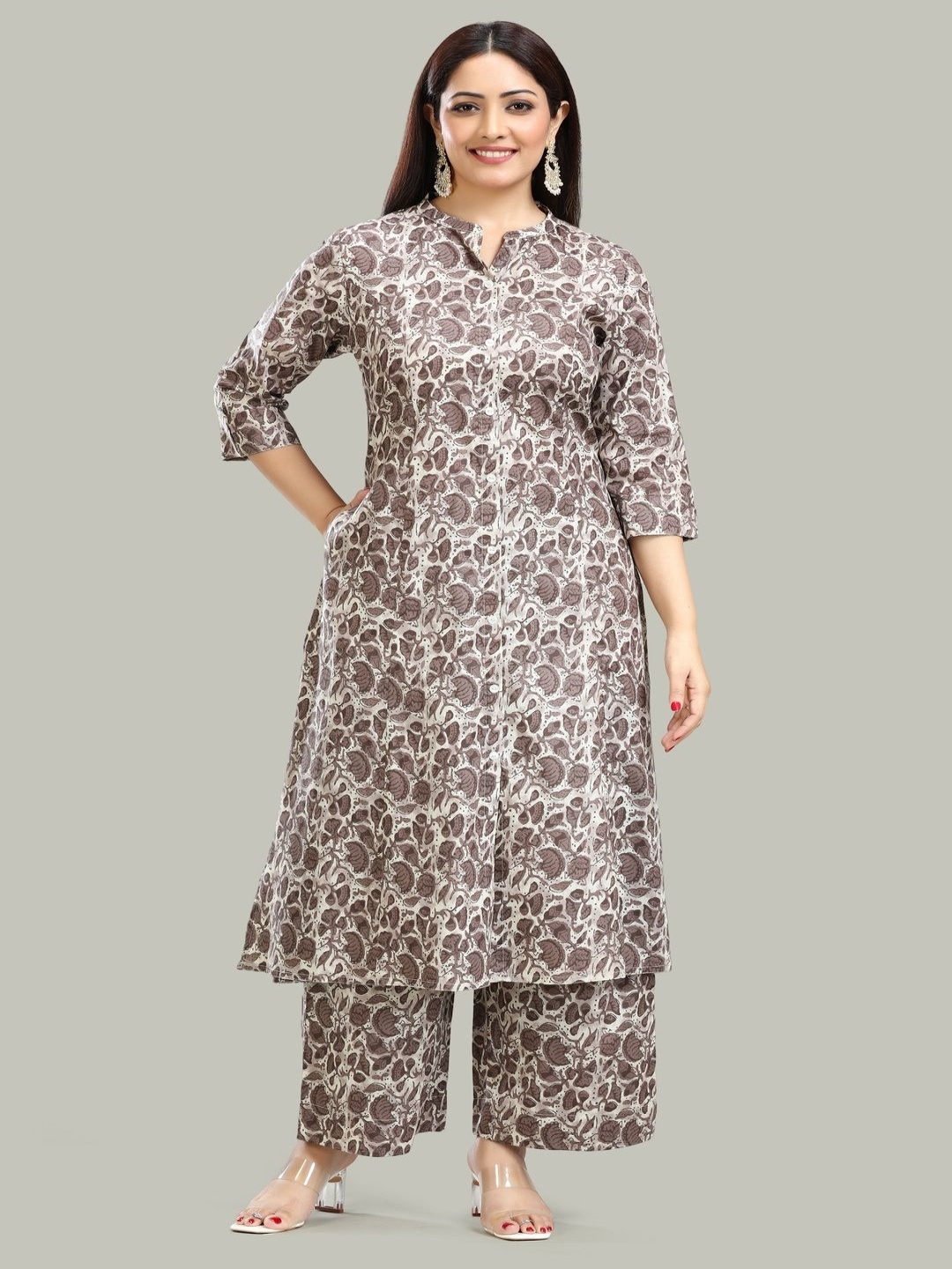 

COTTON CULTURE Floral Printed Mandarin Collar Pure Cotton Kurta With Trouser, Brown