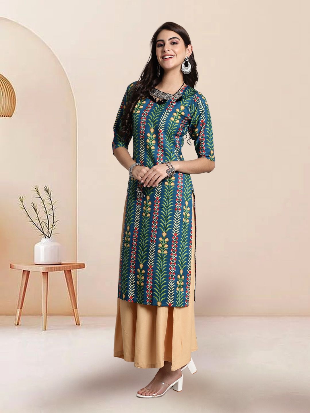 

7Threads Selection of 3 Ethnic Motifs Printed Round Neck Straight Kurtas, Green
