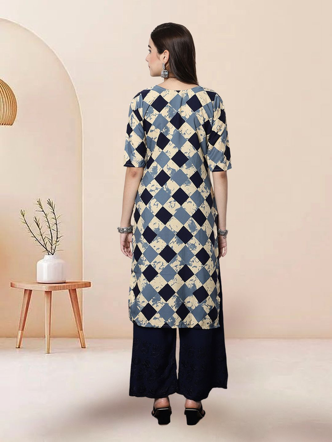 

7Threads Selection of 4 Geometric Printed Round Neck Straight Kurtas, Beige
