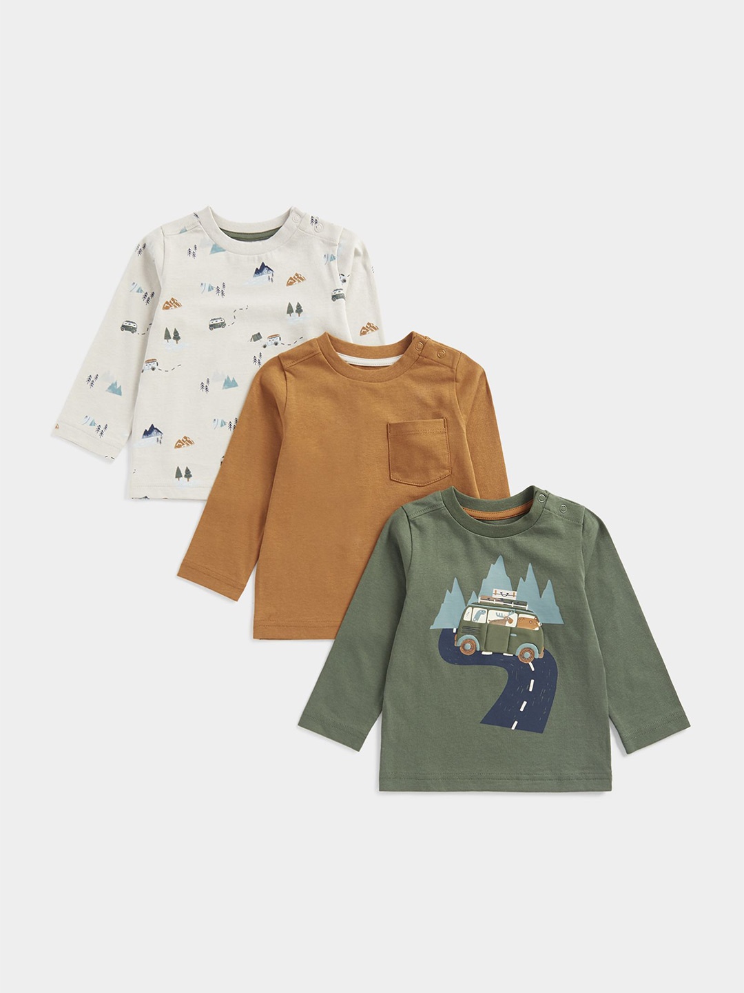 

mothercare Boys Pack Of 3 Graphic Printed Round Neck Pure Cotton T-shirts, Brown