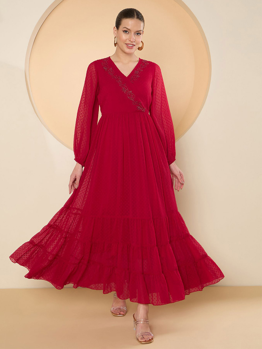 

Antheaa Flared Sleeve Chiffon Embellished Maxi Dress, Red