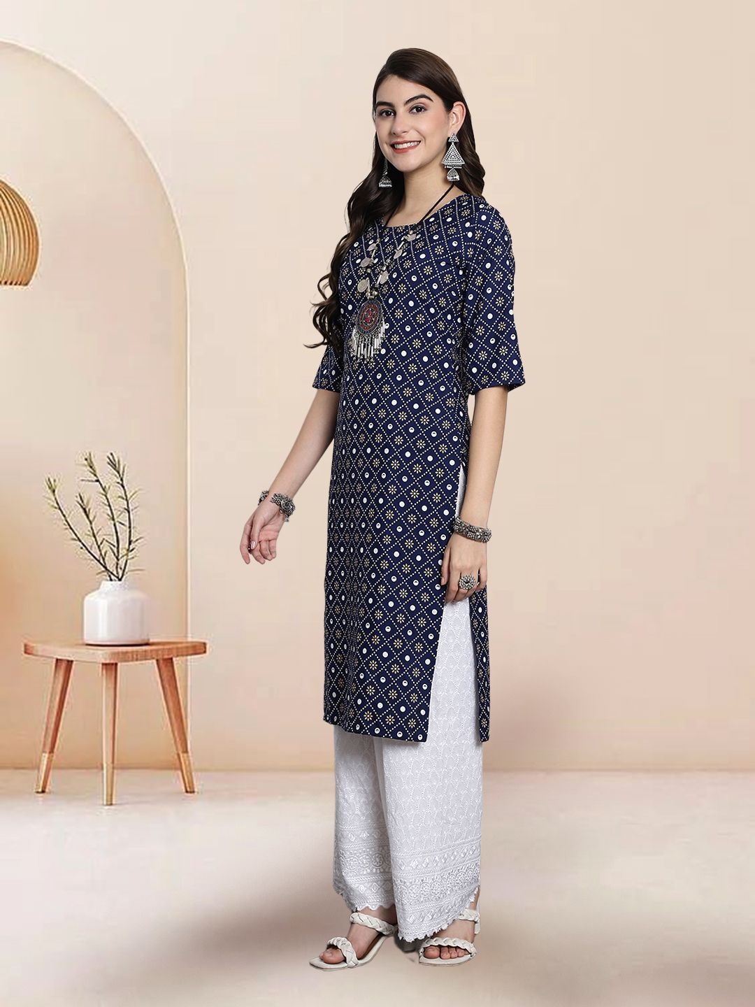 

7Threads Selection Of 3 Ethnic Motifs Printed Round Neck Straight Kurtas, Navy blue