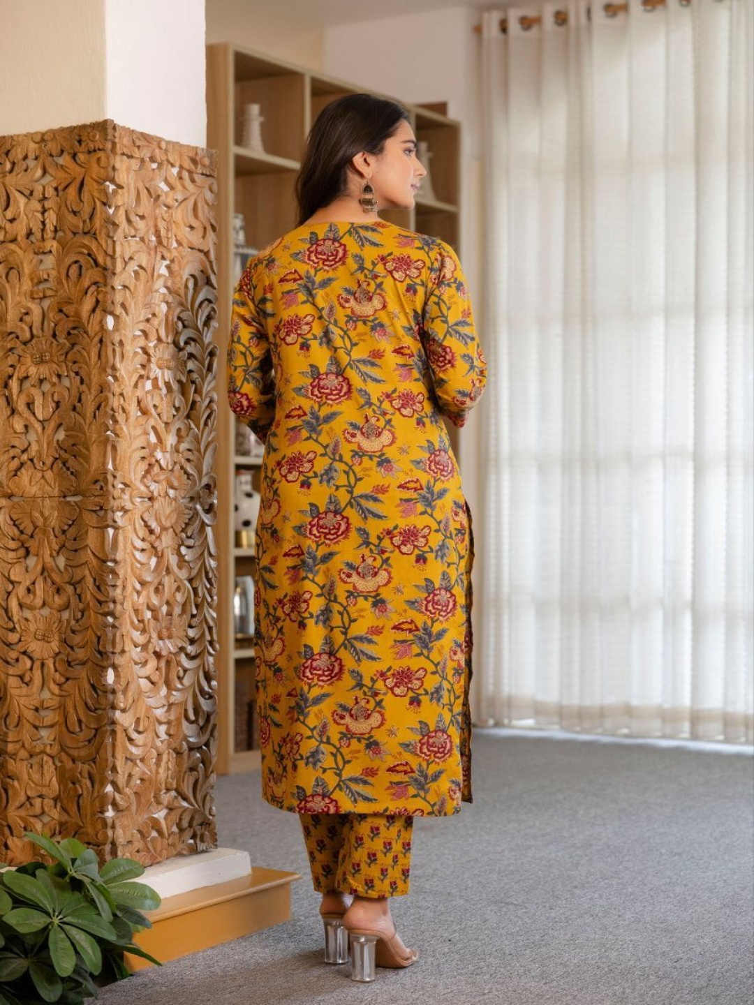 

Modestouze Attires Floral Printed Pleated Straight Kurta With Trousers And Dupatta, Mustard