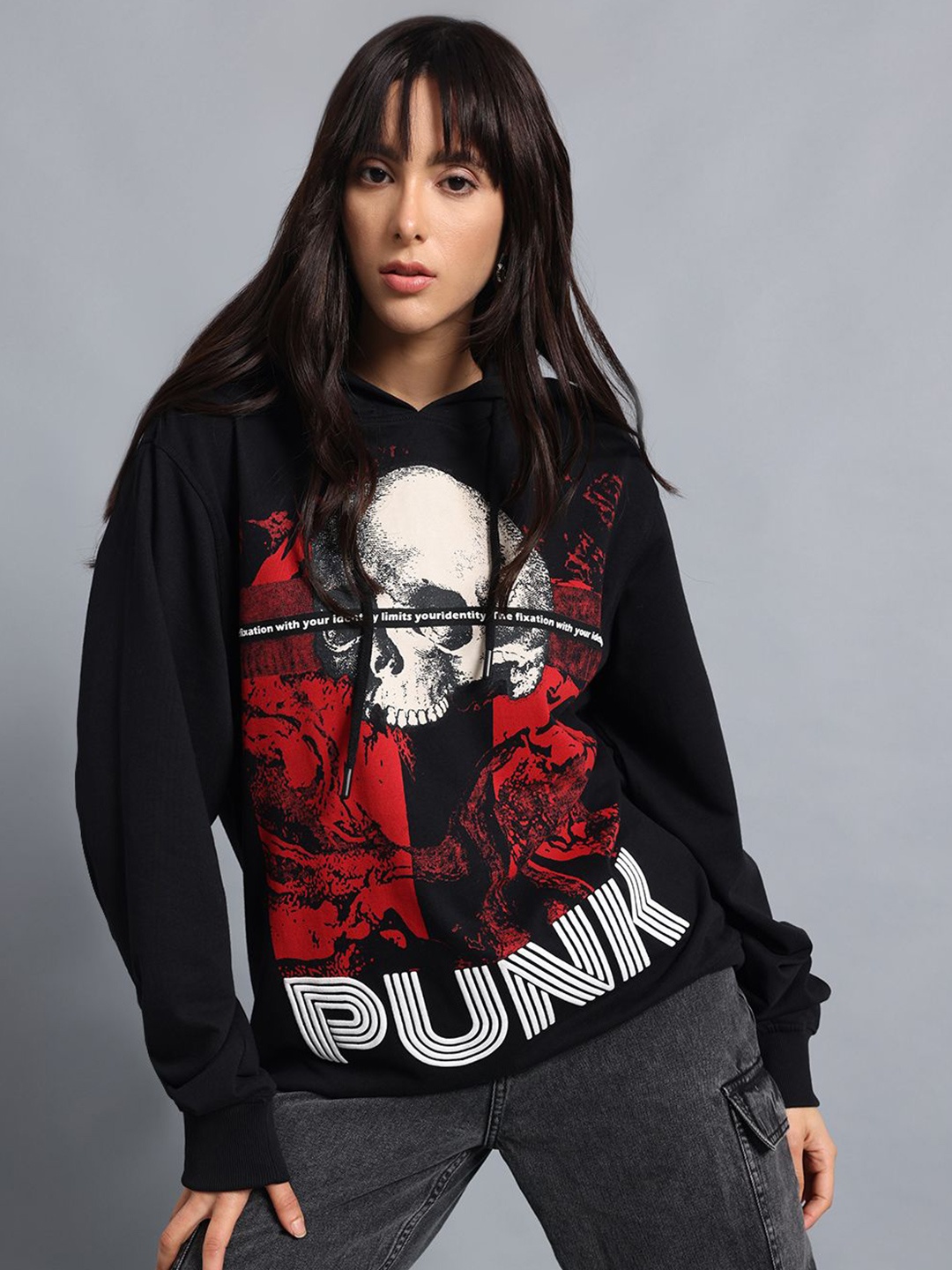 

PUNK Women Printed Hooded Sweatshirt, Black
