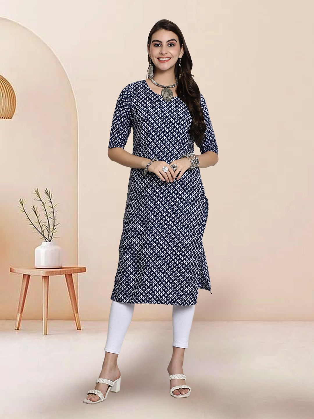 

7Threads Selection Of 4 Floral Printed Round Neck Straight Kurtas, Blue