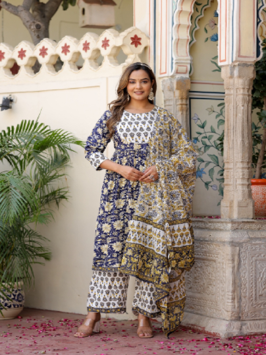 

BAIRAJ Women Floral Embroidered Regular Gotta Patti Kurta with Trousers & With Dupatta, Blue