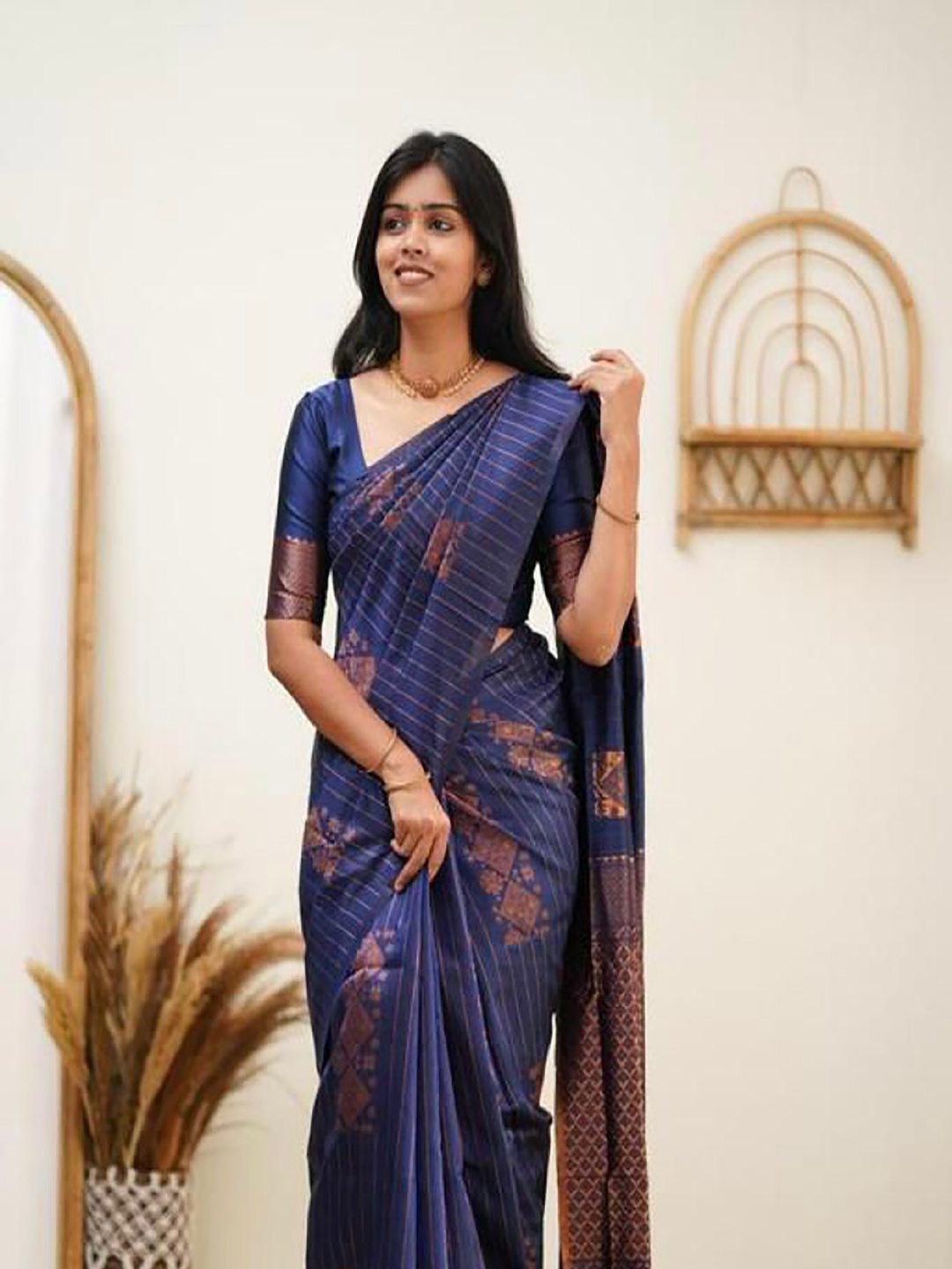

BerMondsey Woven Design Zari Silk Blend Banarasi Saree, Blue