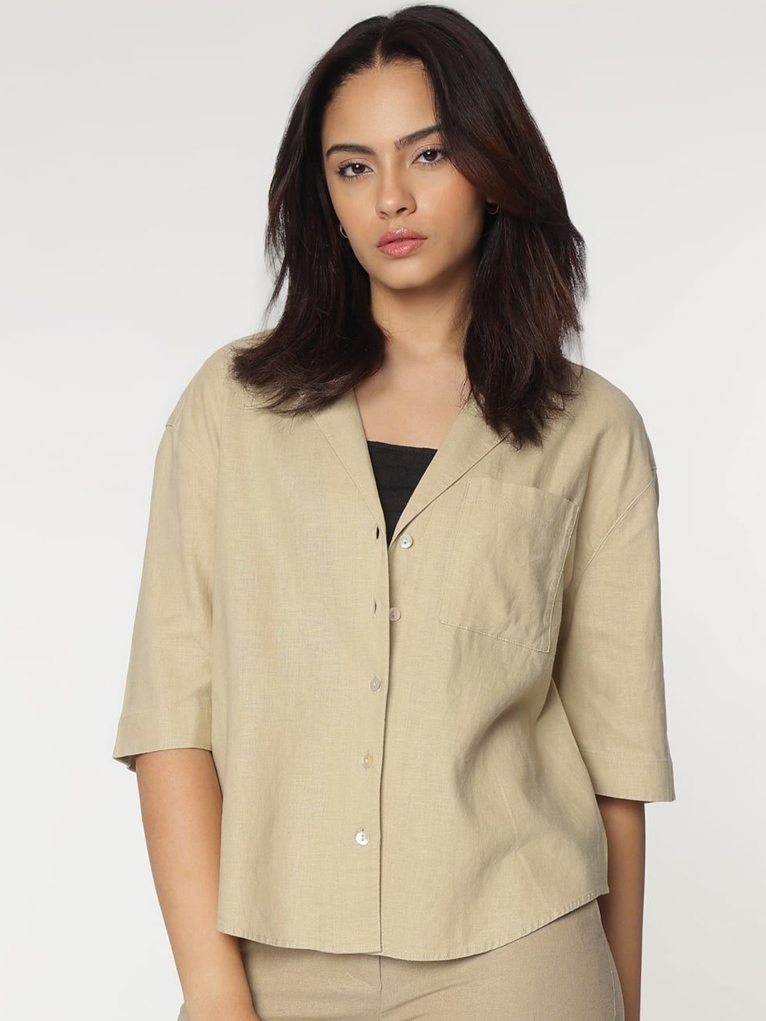 

Marks & Spencer Women Cuban Collar Solid Linen Casual Shirt, Brown