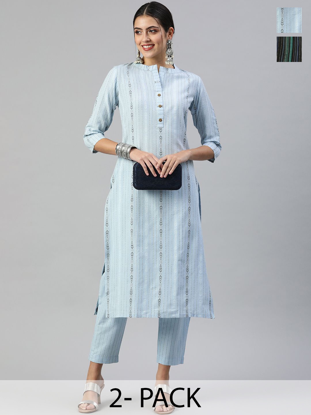 

KALINI Selection of 2 Striped Mandarian Neck Straight Kurtas with Trousers, Blue