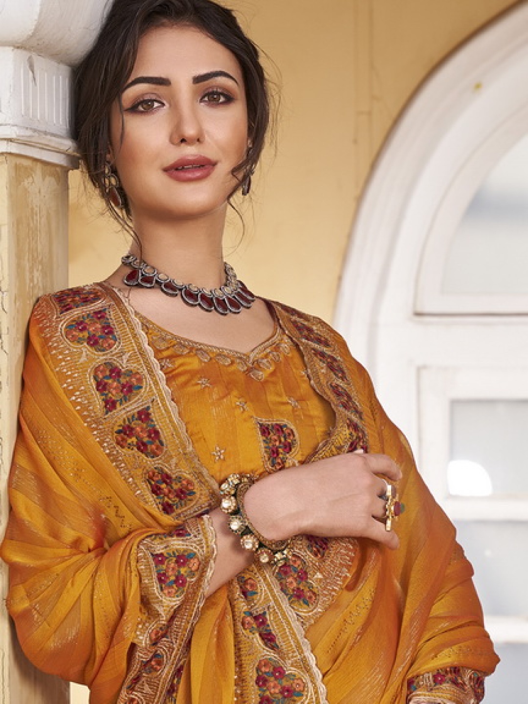 

Mitera Striped Embroidered Pure Chiffon Saree, Mustard