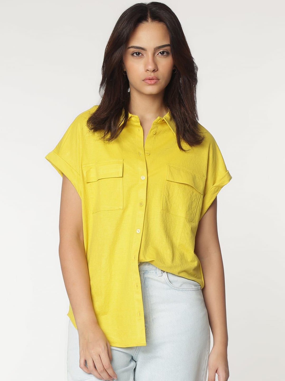 

Marks & Spencer Women Band Collar Solid Casual Shirt, Yellow